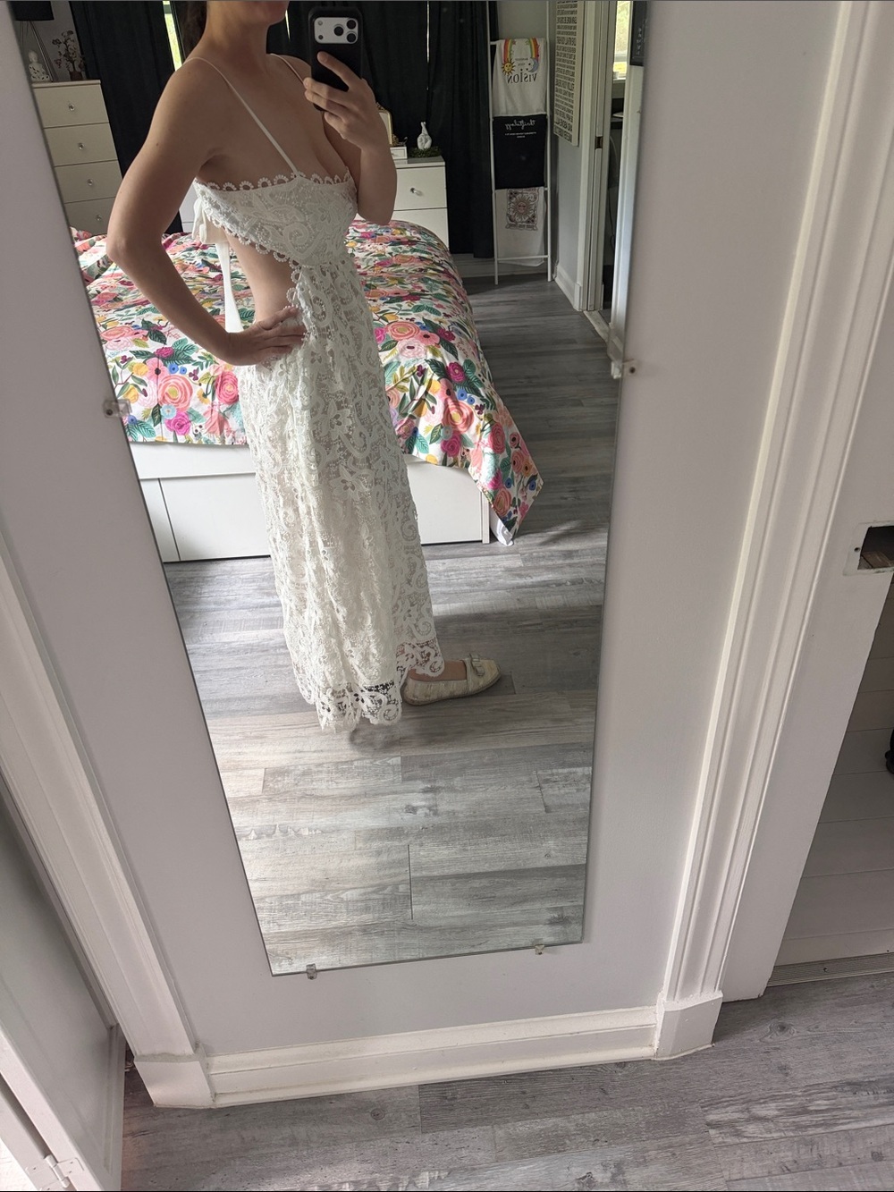 Saylor Wendie Dress Floral Lace Embroidered Cutout Open Tie Bow Back White Large - Picture 4 of 9